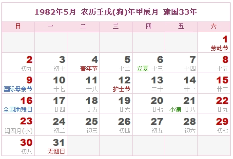 1982年日历表，1982年阴历表（阴历和阳历之间的对比表）4