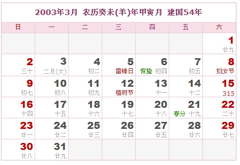 2003日历，2003阴历（阴历与阳历之间的对照表）2