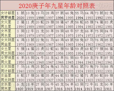 2020年九星照命表 年龄对照表图片 口诀