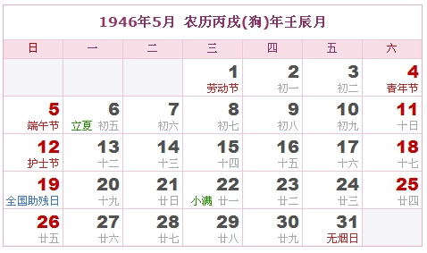 1946年日历，1946年阴历（阴历与阳历之间的对照表）4