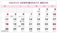 1981年日历表,1981年农历表（阴历阳历对照表）