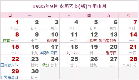 1935年日历，1935年农历8