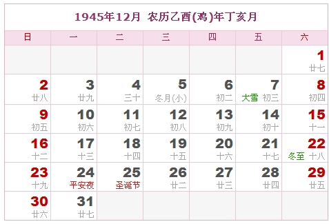 1945年日历，1945年阴历（阴历与阳历之间的对照表）11