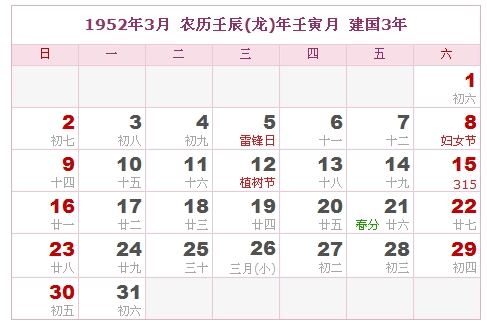 1952年日历，1952年阴历（阴历与阳历之间的对照表）2