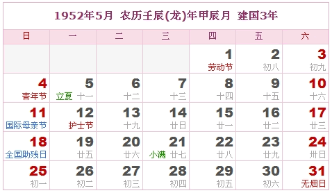 1952年日历表，1952年阴历表（阴历和阳历之间的对比表）4