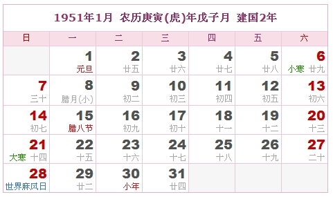 1951年日历表，1951年阴历表（阴历与阳历之间的对比表）