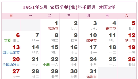 1951年日历，1951年阴历（阴历与阳历之间的对照表）4