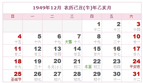 1949年日历，1949年阴历（阴历与阳历之间的对照表）11