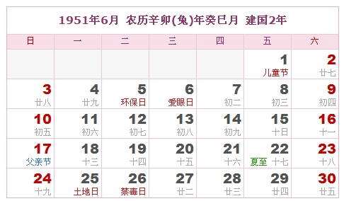 1951年日历，1951年阴历（阴历和阳历之间的对照表）5