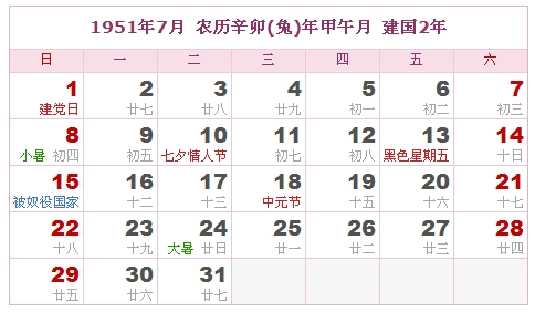 1951年日历，1951年阴历（阴历和阳历之间的对比表）6