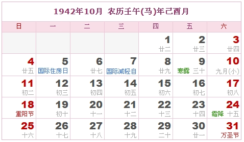 1942年日历，1942年阴历9