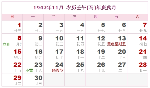 1942年日历，1942年阴历10