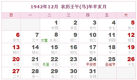 1942年日历，1942年阴历11