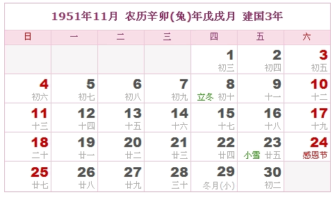 1951年日历表，1951年阴历表（阴历与阳历之间的对比表）10