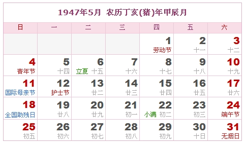 1947年日历表，1947年阴历表（阴历和阳历之间的对比表）4