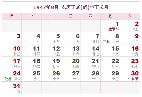 1947年日历，1947年阴历（阴历和阳历之间的对照表）7