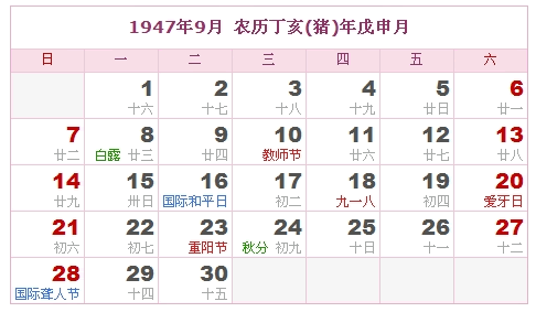 1947年日历表，1947年阴历表（阴历和阳历之间的对比表）8