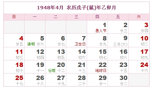 1948年日历表，1948年阴历表（阴历和阳历之间的对比表）3
