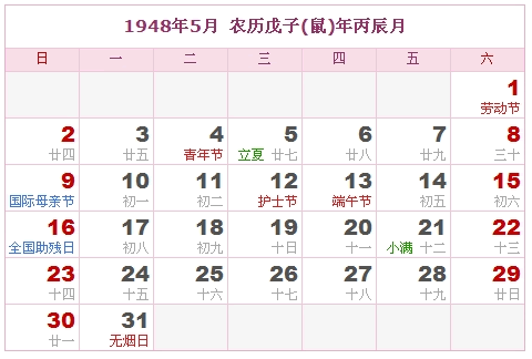 1948年日历，1948年阴历（阴历与阳历之间的对照表）4