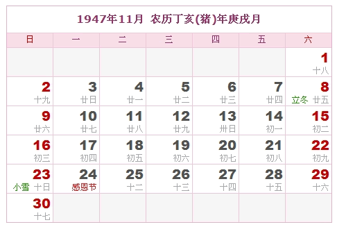 1947年日历表，1947年阴历表（阴历与阳历之间的对比表）10