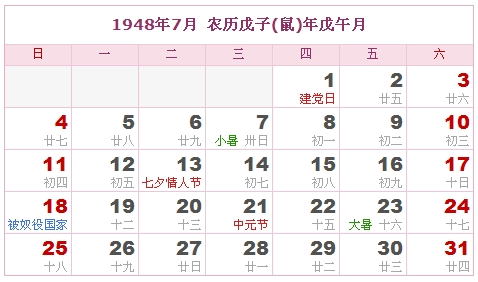 1948年日历，1948年阴历（阴历与阳历之间的对照表）6