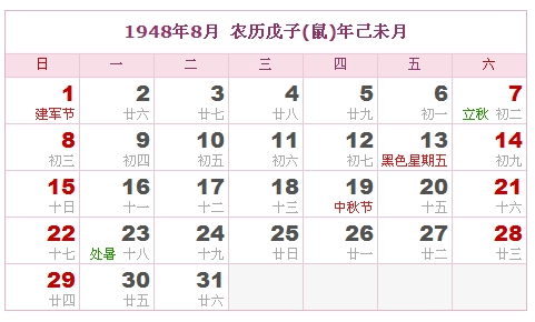 1948年日历，1948年阴历（阴历和阳历之间的对照表）7