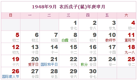1948年日历，1948年阴历（阴历与阳历之间的对照表）8