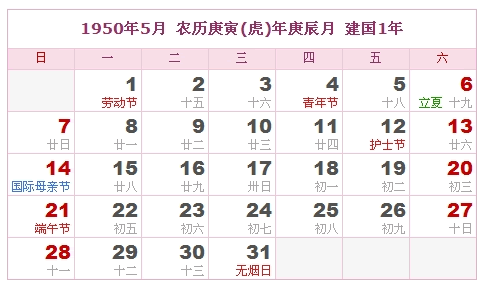 1950年日历表，1950年阴历表（阴历和阳历之间的对比表）4