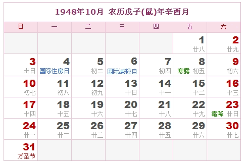 1948年日历，1948年阴历（阴历与阳历之间的对照表）9