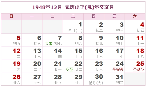 1948年日历表，1948年阴历表（阴历与阳历之间的对比表）11