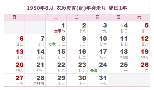 1950年日历，1950年阴历（阴历和阳历之间的对比表）7