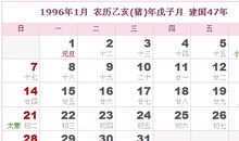 1996年日历表,1996年农历表（阴历阳历对照表）