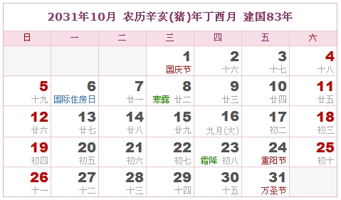 2031年日历表，2031年阴历表（阴历和阳历之间的对比表）9