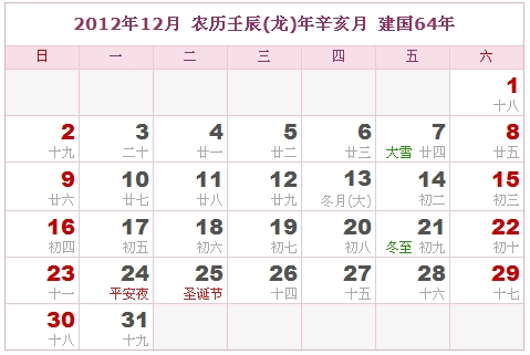 2012日历，2012阴历（阴历与阳历的对照表）11