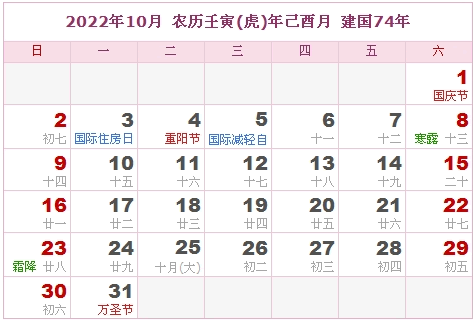 2022年日历，2022年阴历（阴历与阳历之间的对照表）9