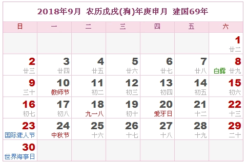 2018年日历表，2018年农历表（农历和公历表）8