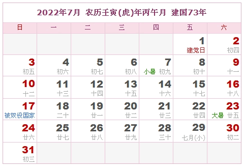 2022年日历，2022年阴历（阴历与阳历之间的对照表）6
