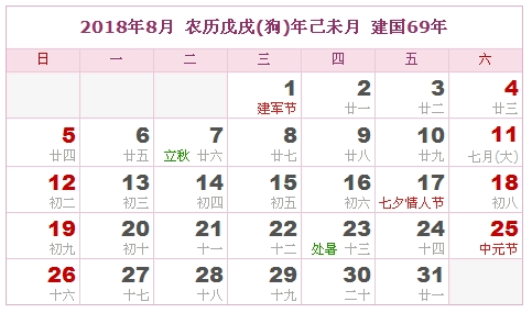 2018日历，2018农历（农历和公历表）7