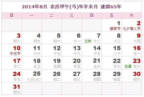 2014年日历表，2014年阴历表（阴历和阳历表）7