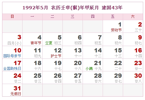1992年日历表，1992年阴历表（阴历和阳历之间的对比表）4