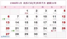 1980年日历表,1980年农历表（阴历阳历对照表）