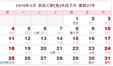 1976年日历表,1976年农历表（阴历阳历对照表）