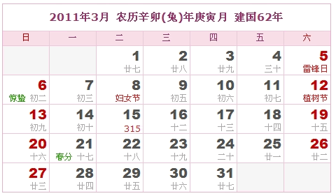 2011年日历表，2011年阴历表（阴历和阳历之间的对比表）2