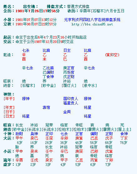 八字算命：2006年12月1日9:41出生