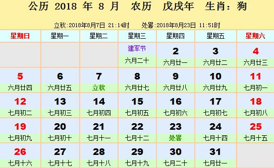 2018年8月择吉吉凶预报(8月1日—31日)