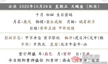 2022壬寅年十月初四日黄历喜神方位查询