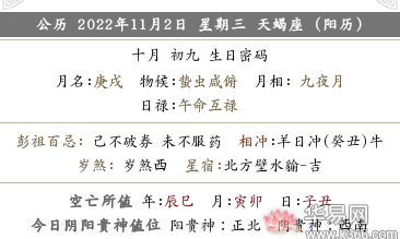 2022年农历十月初九这一天黄历财神位置查询