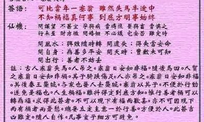 黄大仙灵签 第70签：中平 塞翁失马