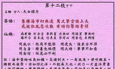 黄大仙灵签 第12签：下下 太白捞月