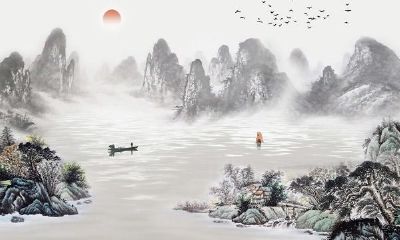 中国风水墨山水画（属鸡的可以戴桃木吗）